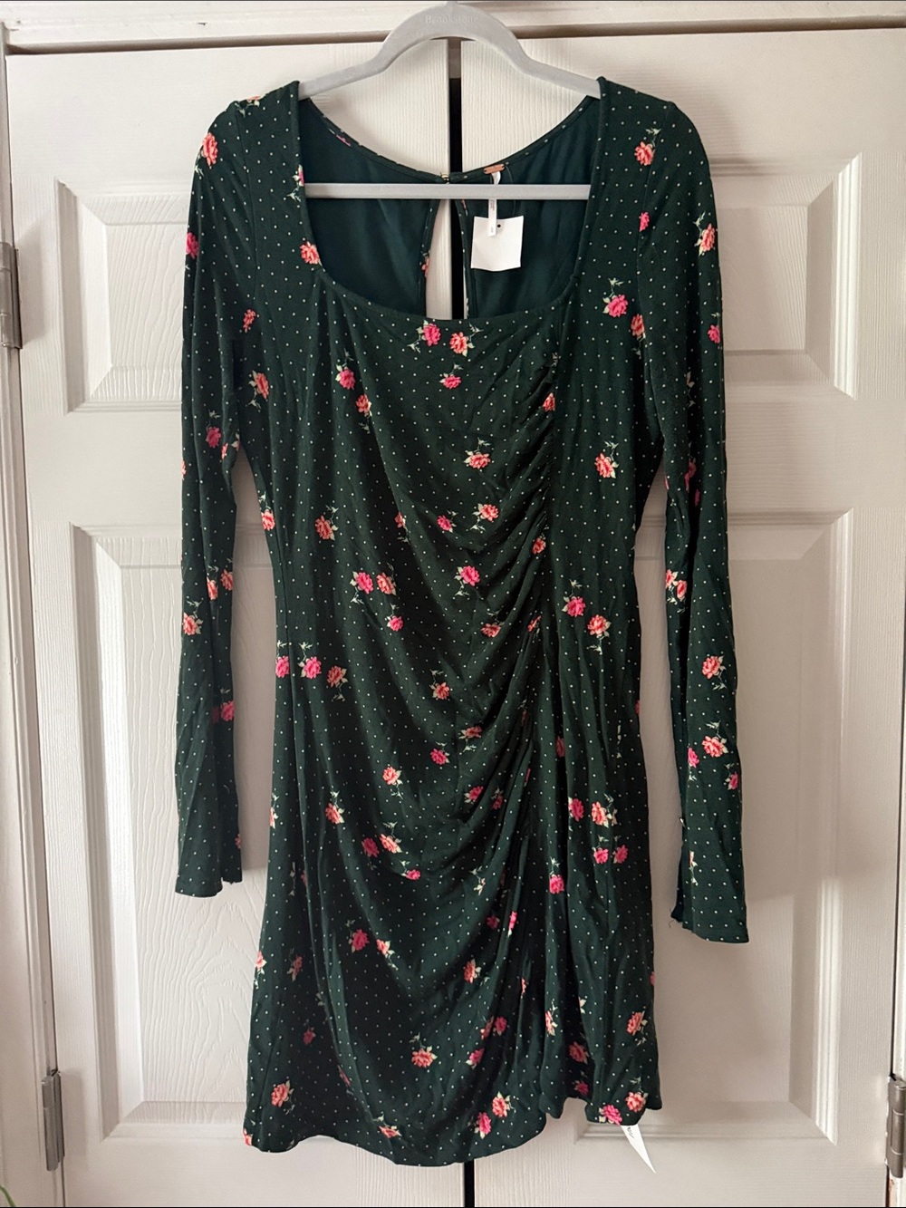 Free People Dark Green Floral Long Sleeve Ruched Dress